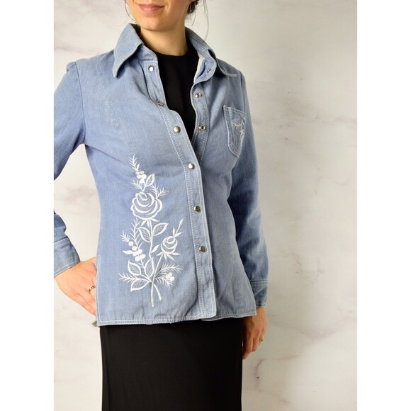 1970s Embroidered Denim Jacket Size Small - Medium 70s Snap Front Jean Jacket - Picture 4 of 6